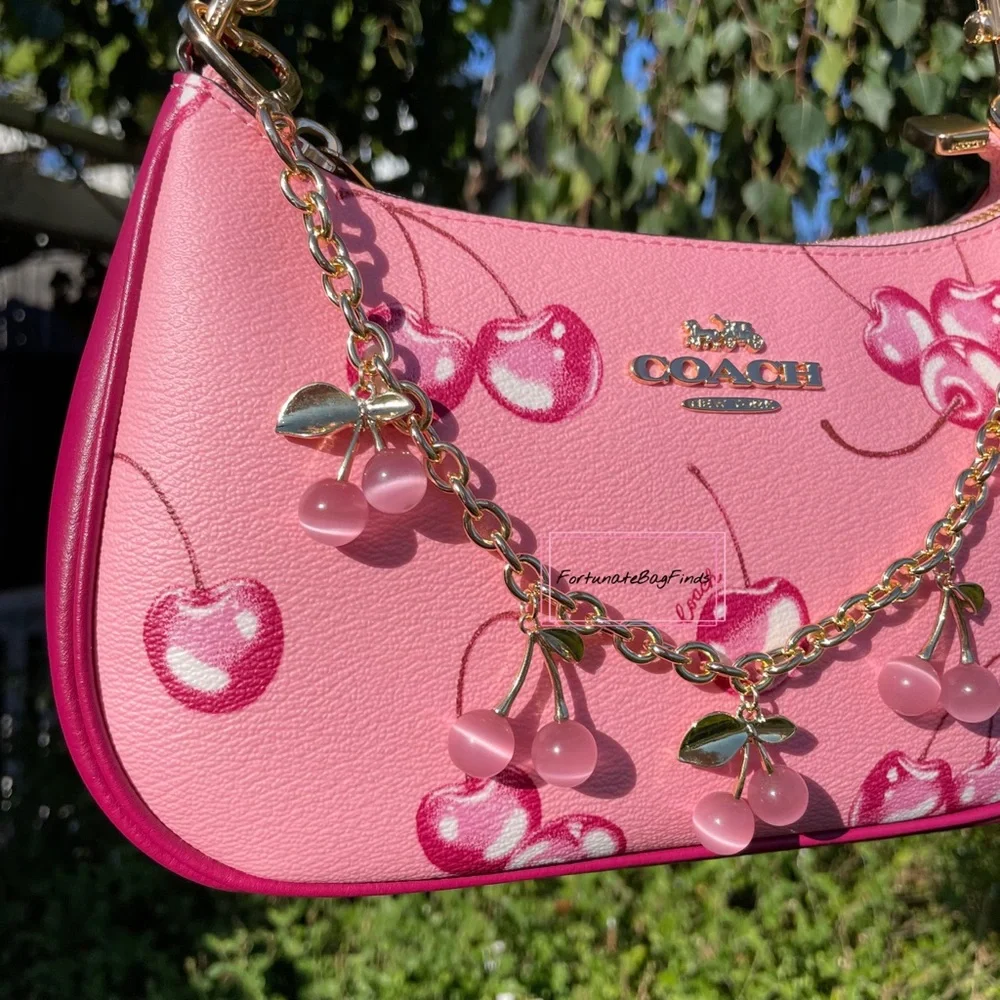 Pink Crystal Cherry Bag Charm Chain Novelty Purse Strap Baby Pink Cherries Charm - Picture 8 of 14
